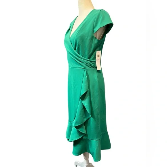 NWT London Times Cap Sleeve V-neck Green w/Ruffle Faux Wrap Skirt Dress- 6 - Picture 5 of 10